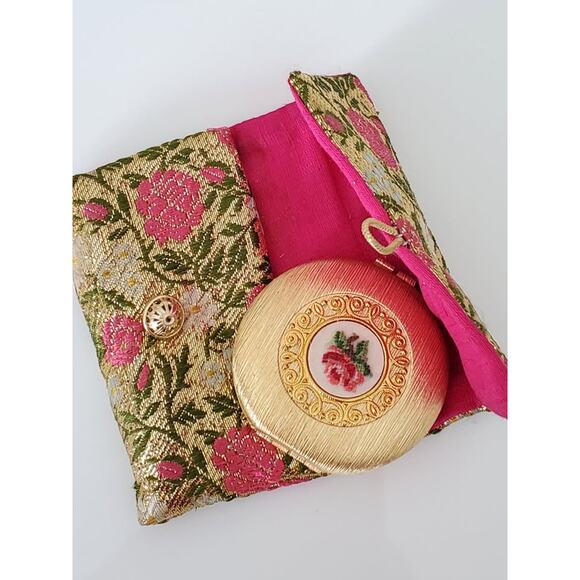 Mid-century Revlon Embroidered Goldtone Compact with Purse/Case - Picture 1 of 10